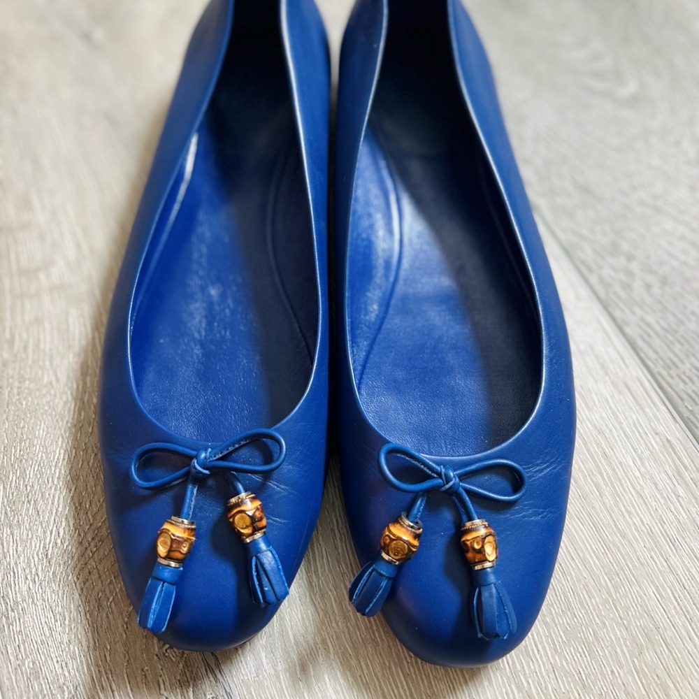GUCCI women's leather ballet flats, new cobalt, 6.5, NWT box + dust bags
